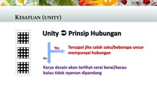 KESATUAN (UNITY)
Tercapai jika salah satu/beberapa unsur
mempunyai hubungan
Karya desain akan terlihat cerai berai/kacau
balau tidak nyaman dipandang
Yes
No
 