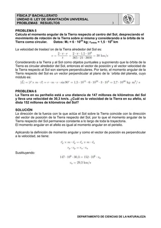 FÍSICA 2º BACHILLERATO
UNIDAD 6: LEY DE GRAVITACIÓN UNIVERSAL
PROBLEMAS RESUELTOS 3
DEPARTAMENTO DE CIENCIAS DE LA NATURALEZA
PROBLEMA 5
Calcula el momento angular de la Tierra respecto al centro del Sol, despreciando el
movimiento de rotación de la Tierra sobre sí misma y considerando a la órbita de la
Tierra como circular. Datos: MT = 6 · 1024
kg; rórbita = 1,5 · 108
km
La velocidad de traslaci´on de la Tierra alrededor del Sol es:
Considerando a la Tierra y al Sol como objetos puntuales y suponiendo que la órbita de la
Tierra es circular alrededor del Sol, entonces el vector de posición y el vector velocidad de
la Tierra respecto al Sol son siempre perpendiculares. Por tanto, el momento angular de la
Tierra respecto del Sol es un vector perpendicular al plano de la ´orbita del planeta, cuyo
módulo es:
PROBLEMA 6
La Tierra en su perihelio está a una distancia de 147 millones de kilómetros del Sol
y lleva una velocidad de 30,3 km/s. ¿Cuál es la velocidad de la Tierra en su afelio, si
dista 152 millones de kilómetros del Sol?
SOLUCIÓN
La dirección de la fuerza con la que actúa el Sol sobre la Tierra coincide con la dirección
del vector de posición de la Tierra respecto del Sol, por lo que el momento angular de la
Tierra respecto del Sol permanece constante a lo largo de toda la trayectoria.
El momento angular en el afelio es igual al momento angular en el perielio.
Aplicando la definición de momento angular y como el vector de posición es perpendicular
a la velocidad, se tiene:
Sustituyendo:
 