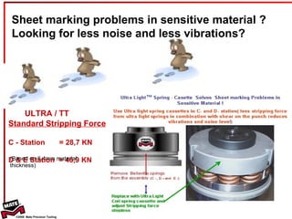 ULTRA / TT Standard Stripping Force C - Station  = 28,7 KN  D & E Station  = 46,9 KN Sheet marking problems in sensitive material ? Looking for less noise and less vibrations? (Based on 6,4mm material thickness) 