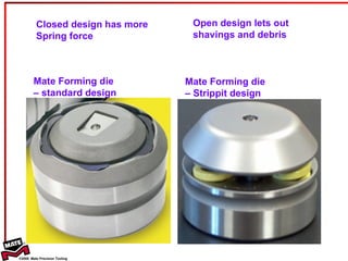 Closed design has more Spring force  Open design lets out shavings and debris Mate Forming die  – standard design Mate Forming die  – Strippit design 