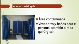 Área contaminada
Vestidores y baños para el
personal (cambio a ropa
quirúrgica)
Área no restringida
 