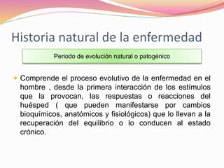 Historia natural de la enfermedad
 Comprende el proceso evolutivo de la enfermedad en el
hombre , desde la primera interacción de los estímulos
que la provocan, las respuestas o reacciones del
huésped ( que pueden manifestarse por cambios
bioquímicos, anatómicos y fisiológicos) que lo llevan a la
recuperación del equilibrio o lo conducen al estado
crónico.
Periodo de evolución natural o patogénico
 