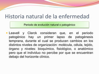 Historia natural de la enfermedad
 Leavell y Clarck consideran que, en el periodo
patogénico hay un primer lapso de patogénesis
temprana, durante el cual se producen cambios en los
distintos niveles de organización: molécula, célula, tejido,
órgano y niveles: bioquímico, fisiológico, o anatómico
pero que el individuo no percibe por que se encuentran
debajo del horizonte clínico.
Periodo de evolución natural o patogénico
 