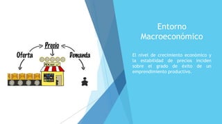 Entorno
Macroeconómico
El nivel de crecimiento económico y
la estabilidad de precios inciden
sobre el grado de éxito de un
emprendimiento productivo.
 