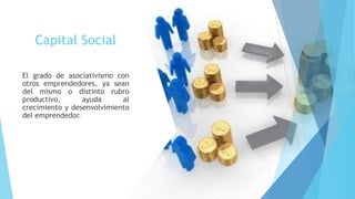 Capital Social
El grado de asociativismo con
otros emprendedores, ya sean
del mismo o distinto rubro
productivo, ayuda al
crecimiento y desenvolvimiento
del emprendedor.
 
