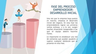 FASE DEL PROCESO
EMPRENDEDOR:
DESARROLLO INICIAL
Una vez que la empresa haya puesto
en marcha, empieza el desarrollo
inicial del negocio. En esta fase los
emprendedores logran sus primeras
ventas exitosas, y a la vez, surgen
muchas situaciones inesperadas a las
que el equipo deberá hacerles
frente.
Lo importante es establecer una red
de contactos que puedan ayudarle a
superar cualquier obstáculo que se
presente en esta fase.
 