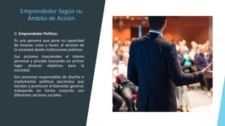 Emprendedor Según su
Ámbito de Acción
D. Emprendedor Político:
Es una persona que pone su capacidad
de innovar, crear y hacer, al servicio de
la sociedad desde instituciones públicas.
Sus acciones trascienden el interés
personal y privado buscando en primer
lugar alcanzar objetivos para la
sociedad.
Son personas responsables de diseñar e
implementar políticas (acciones) que
tiendan a promover el bienestar general,
trabajando en forma conjunta con
diferentes sectores sociales.
 
