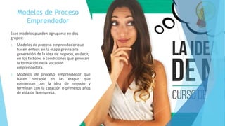 Modelos de Proceso
Emprendedor
Esos modelos pueden agruparse en dos
grupos:
1. Modelos de proceso emprendedor que
hacen énfasis en la etapa previa a la
generación de la idea de negocio, es decir,
en los factores o condiciones que generan
la formación de la vocación
emprendedora.
2. Modelos de proceso emprendedor que
hacen hincapié en las etapas que
comienzan con la idea de negocio y
terminan con la creación o primeros años
de vida de la empresa.
 