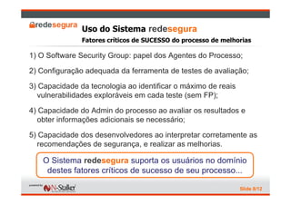Uso do Sistema redesegura
               Fatores críticos de SUCESSO do processo de melhorias

1) O Software Security Group: papel dos Agentes do Processo;

2) Configuração adequada da ferramenta de testes de avaliação;

3) Capacidade da tecnologia ao identificar o máximo de reais
   vulnerabilidades exploráveis em cada teste (sem FP);

4) Capacidade do Admin do processo ao avaliar os resultados e
   obter informações adicionais se necessário;

5) Capacidade dos desenvolvedores ao interpretar corretamente as
   recomendações de segurança, e realizar as melhorias.

    O Sistema redesegura suporta os usuários no domínio
     destes fatores críticos de sucesso de seu processo...

                                                               Slide 8/12
 