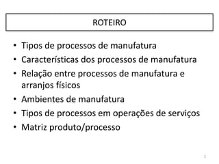 ROTEIRO
• Tipos de processos de manufatura
• Características dos processos de manufatura
• Relação entre processos de manufatura e
arranjos físicos
• Ambientes de manufatura
• Tipos de processos em operações de serviços
• Matriz produto/processo
2
 