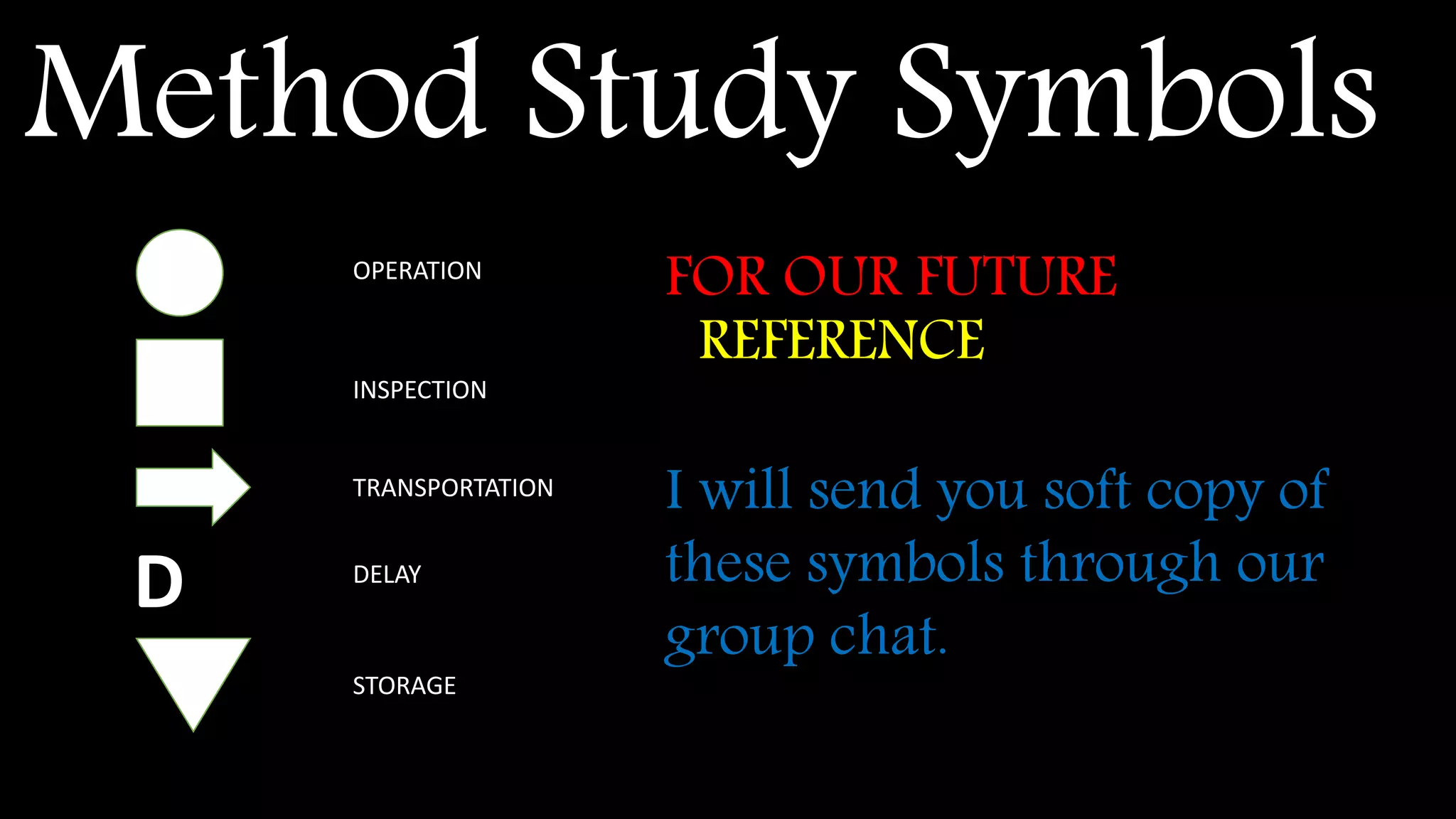 Method Study Symbols
D
OPERATION
INSPECTION
TRANSPORTATION
DELAY
STORAGE
I will send you soft copy of
these symbols through our
group chat.
FOR OUR FUTURE
REFERENCE
 