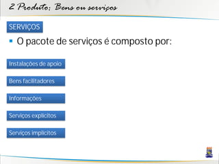 2 Produto: Bens ou serviços
SERVIÇOS

 O pacote de serviços é composto por:

Instalações de apoio

Bens facilitadores

Informações

Serviços explícitos

Serviços implícitos
 