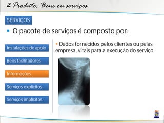 2 Produto: Bens ou serviços
SERVIÇOS

 O pacote de serviços é composto por:
                        Dados fornecidos pelos clientes ou pelas
Instalações de apoio
                       empresa, vitais para a execução do serviço
Bens facilitadores

Informações

Serviços explícitos

Serviços implícitos
 