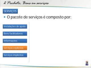 2 Produto: Bens ou serviços
SERVIÇOS

 O pacote de serviços é composto por:

Instalações de apoio

Bens facilitadores

Informações

Serviços explícitos

Serviços implícitos
 