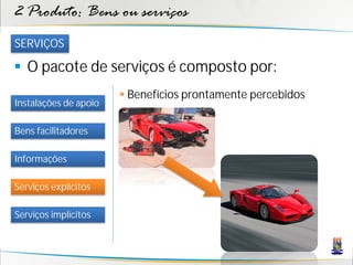 2 Produto: Bens ou serviços
SERVIÇOS

 O pacote de serviços é composto por:
                        Benefícios prontamente percebidos
Instalações de apoio

Bens facilitadores

Informações

Serviços explícitos

Serviços implícitos
 