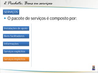 2 Produto: Bens ou serviços
SERVIÇOS

 O pacote de serviços é composto por:

Instalações de apoio

Bens facilitadores

Informações

Serviços explícitos

Serviços implícitos
 