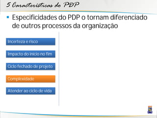 5 Características do PDP
 Especificidades do PDP o tornam diferenciado
  de outros processos da organização

Incerteza e risco

Impacto do início no fim

Ciclo fechado de projeto

Complexidade

Atender ao ciclo de vida
 