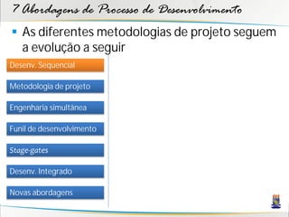 7 Abordagens de Processo de Desenvolvimento
 As diferentes metodologias de projeto seguem
  a evolução a seguir
Desenv. Sequencial

Metodologia de projeto

Engenharia simultânea

Funil de desenvolvimento

Stage-gates

Desenv. Integrado

Novas abordagens
 