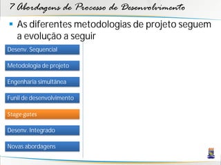 7 Abordagens de Processo de Desenvolvimento
 As diferentes metodologias de projeto seguem
  a evolução a seguir
Desenv. Sequencial

Metodologia de projeto

Engenharia simultânea

Funil de desenvolvimento

Stage-gates

Desenv. Integrado

Novas abordagens
 