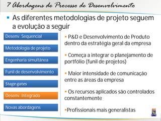 7 Abordagens de Processo de Desenvolvimento
 As diferentes metodologias de projeto seguem
  a evolução a seguir
Desenv. Sequencial          P&D e Desenvolvimento de Produto
                           dentro da estratégia geral da empresa
Metodologia de projeto
                            Começa a integrar o planejamento de
Engenharia simultânea      portfólio (funil de projetos)
Funil de desenvolvimento    Maior intensidade de comunicação
                           entre as áreas da empresa
Stage-gates
                            Os recursos aplicados são controlados
Desenv. Integrado
                           constantemente
Novas abordagens
                           Profissionais mais generalistas
 