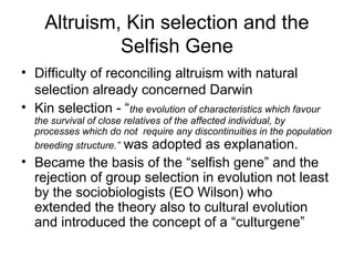 Altruism, Kin selection and the
Selfish Gene
• Difficulty of reconciling altruism with natural
selection already concerned Darwin
• Kin selection - “the evolution of characteristics which favour
the survival of close relatives of the affected individual, by
processes which do not require any discontinuities in the population
breeding structure.” was adopted as explanation.
• Became the basis of the “selfish gene” and the
rejection of group selection in evolution not least
by the sociobiologists (EO Wilson) who
extended the theory also to cultural evolution
and introduced the concept of a “culturgene”
 