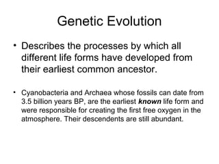 Genetic Evolution
• Describes the processes by which all
different life forms have developed from
their earliest common ancestor.
• Cyanobacteria and Archaea whose fossils can date from
3.5 billion years BP, are the earliest known life form and
were responsible for creating the first free oxygen in the
atmosphere. Their descendents are still abundant.
 