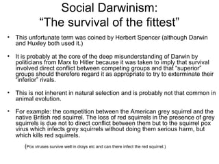 Social Darwinism:
“The survival of the fittest”
• This unfortunate term was coined by Herbert Spencer (although Darwin
and Huxley both used it.)
• It is probably at the core of the deep misunderstanding of Darwin by
politicians from Marx to Hitler because it was taken to imply that survival
involved direct conflict between competing groups and that “superior”
groups should therefore regard it as appropriate to try to exterminate their
“inferior” rivals.
• This is not inherent in natural selection and is probably not that common in
animal evolution.
• For example: the competition between the American grey squirrel and the
native British red squirrel. The loss of red squirrels in the presence of grey
squirrels is due not to direct conflict between them but to the squirrel pox
virus which infects grey squirrels without doing them serious harm, but
which kills red squirrels.
(Pox viruses survive well in drays etc and can there infect the red squirrel.)
 
