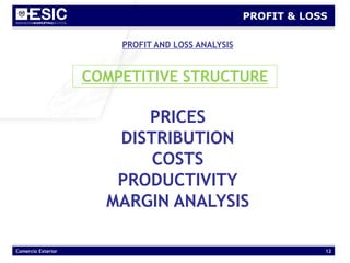 Comercio Exterior 12
PROFIT & LOSS
PROFIT AND LOSS ANALYSIS
COMPETITIVE STRUCTURE
PRICES
DISTRIBUTION
COSTS
PRODUCTIVITY
MARGIN ANALYSIS
 