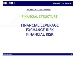 Comercio Exterior 14
PROFIT & LOSS
PROFIT AND LOSS ANALYSIS
FINANCIAL STRUCTURE
FINANCIAL LEVERAGE
EXCHANGE RISK
FINANCIAL RISK
 