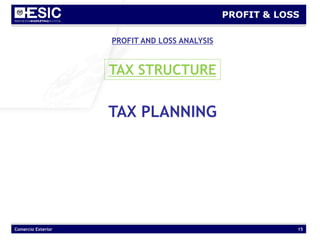 Comercio Exterior 15
PROFIT & LOSS
PROFIT AND LOSS ANALYSIS
TAX STRUCTURE
TAX PLANNING
 