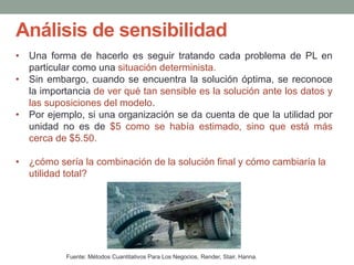 Análisis de sensibilidad
Fuente: Métodos Cuantitativos Para Los Negocios, Render, Stair, Hanna.
• Una forma de hacerlo es seguir tratando cada problema de PL en
particular como una situación determinista.
• Sin embargo, cuando se encuentra la solución óptima, se reconoce
la importancia de ver qué tan sensible es la solución ante los datos y
las suposiciones del modelo.
• Por ejemplo, si una organización se da cuenta de que la utilidad por
unidad no es de $5 como se había estimado, sino que está más
cerca de $5.50.
• ¿cómo sería la combinación de la solución final y cómo cambiaría la
utilidad total?
 