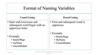 Format of Naming Variables
Camel Casing
• Start with lowercase and
subsequent word begin with an
uppercase letter
• Example
• hourlyWage
• myName
• courseModule
Pascal Casing
• First and subsequent word is
uppercase
• Example
• HourlyWage
• MyName
• CourseModule
18/9/2018
CSWD1001 @ Kwan Lee First City Unversity Malaysia
(FCUC)
15
 