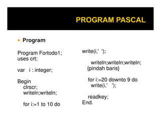 Program
Program Fortodo1;
uses crt;
write(i,' ');
writeln;writeln;writeln;
var i : integer;
Begin
clrscr;
writeln;writeln;
for i:=1 to 10 do
writeln;writeln;writeln;
{pindah baris}
for i:=20 downto 9 do
write(i,' ');
readkey;
End.
 
