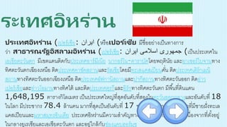 ประเทศอิหร่าน (เปอร์เซีย: ‫ایران‬ (หรือเปอร ์เซีย มีชื่ออย่างเป็นทางการ
ว่า สาธารณรัฐอิสลามอิหร่าน (เปอร์เซีย: ‫ایران‬ ‫اسالمی‬ ‫جمهوری‬ (เป็นประเทศใน
เอเชียตะวันตก มีเขตแดนติดกับประเทศอาร์มีเนีย นากอร์โน-คาราบัคโดยพฤตินัย และอาเซอร์ไบจานทาง
ทิศตะวันตกเฉียงเหนือ ติดประเทศคาซัคสถานและรัสเซียโดยมีทะเลแคสเปียนคั่น ติดประเทศเติร์กเมนิ
สถานทางทิศตะวันออกเฉียงเหนือ ติดประเทศอัฟกานิสถานและปากีสถานทางทิศตะวันออก ติดอ่าว
เปอร์เซียและอ่าวโอมานทางทิศใต้ และติดประเทศตุรกีและอิรักทางทิศตะวันตก มีพื้นที่ดินแดน
1,648,195 ตารางกิโลเมตร เป็นประเทศใหญ่ที่สุดอันดับที่สองในตะวันออกกลางและอันดับที่ 18
ในโลก มีประชากร 78.4 ล้านคน มากที่สุดเป็นอันดับที่ 17 ของโลก เป็นประเทศเดียวที่มีชายฝั่งทะเล
แคสเปียนและมหาสมุทรอินเดีย ประเทศอิหร่านมีความสาคัญทางภูมิรัฐศาสตร์มาช้านานเนื่องจากที่ตั้งอยู่
ในกลางยูเรเซียและเอเชียตะวันตก และอยู่ใกล้กับช่องแคบฮอร์มุซ
 