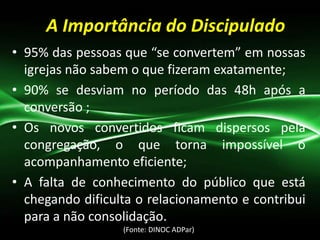 A Importância do Discipulado
• 95% das pessoas que “se convertem” em nossas
igrejas não sabem o que fizeram exatamente;
• 90% se desviam no período das 48h após a
conversão ;
• Os novos convertidos ficam dispersos pela
congregação, o que torna impossível o
acompanhamento eficiente;
• A falta de conhecimento do público que está
chegando dificulta o relacionamento e contribui
para a não consolidação.
(Fonte: DINOC ADPar)
 