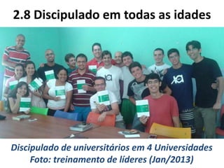 2.8 Discipulado em todas as idades
Discipulado de universitários em 4 Universidades
Foto: treinamento de líderes (Jan/2013)
 