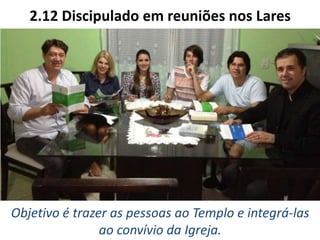 2.12 Discipulado em reuniões nos Lares
Objetivo é trazer as pessoas ao Templo e integrá-las
ao convívio da Igreja.
 