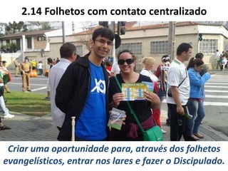 2.14 Folhetos com contato centralizado
Criar uma oportunidade para, através dos folhetos
evangelísticos, entrar nos lares e fazer o Discipulado.
 