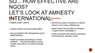 Failures
 targets larger nations
 indirect action has had limited effect
 less successful with disappearances &
death penalty
 target countries according to "donor
interest"... Prioritised based on what
people care about, not what's actually
worst
Successes
 admits this( says it focuses on nations
where it can make a difference)
 direct action has resulted in changes
("urgent action campaigns")
 more successful with torture, prisoners
of conscience, arbitrary arrest
 