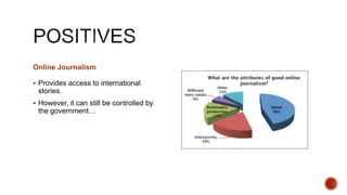 Online Journalism
 Provides access to international
stories.
 However, it can still be controlled by
the government…
 
