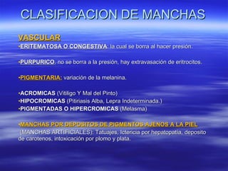 CLASIFICACION DE MANCHAS VASCULAR ERITEMATOSA O CONGESTIVA : la cual se borra al hacer presión. PURPURICO , no se borra a la presión, hay extravasación de eritrocitos. PIGMENTARIA:  variación de la melanina. ACROMICAS  (Vitiligo Y Mal del Pinto) HIPOCROMICAS  (Pitiriasis Alba, Lepra Indeterminada.) PIGMENTADAS O HIPERCROMICAS  (Melasma) MANCHAS POR DEPOSITOS DE PIGMENTOS AJENOS A LA PIEL (MANCHAS ARTIFICIALES): Tatuajes, Ictericia por hepatopatía, deposito de carotenos, intoxicación por plomo y plata. 