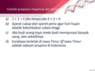 Contoh proposisi majemuk dari bi-implikasi
a) 1 + 1 = 2 jika hanya jika 2 + 2 = 4
b) Syarat cukup dan syarat perlu agar hari hujan
adalah kelembaban udara tinggi
c) Jika budi orang kaya maka budi mempunyai banyak
uang, dan sebaliknya
d) Surabaya terletak di Jawa Timur iff Jawa Timur
adalah sebuah propinsi di Indonesia
 