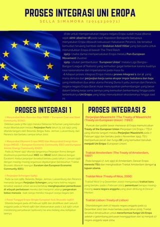 PROSES INTEGRASI UNI EROPA
S E L L A S I M A M O R A ( 2 0 1 5 2 3 0 0 7 1 )
  -) Ide untuk mempersatukan negara-negara Eropa sudah mulai dikenal
sejak akhir abad ke-18 pada saat Napoleon Bonaparte berupaya
menyatukan Eropa dibawah kekuasaan Kekaisaran Perancis. Ide tersebut
kemudian terulang kembali oleh tindakan Adolf Hitler yang berusaha untuk
menundukkan Eropa di bawah The Third Reich.
  1923= Usaha damai mempersatukan Eropa melalui Pan-European
Movement (Austria).
  1929= Usulan pembentukan “European Union” melalui Liga Bangsa -
Bangsa (League of Nations) yang kemudian gagal terbentuk karena kuatnya
rasa nasionalisme dan imperialisme pada masa itu.
 -) Adapun proses integrasi Eropa melalui proses integrasi 1 dan 2  yang
mana dimulai dari perjanjian kerja sama ekspor impor batubara dan baja
yang melibatkan dua aktor utama Perang Dunia II yaitu Jerman dan Perancis,
negara-negara Eropa Barat mulai menunjukkan perkembangan yang besar
dalam bidang kerja sama lainnya yang kemudian berkembang hingga pada
terbentuknya Uni Eropa yang tetap menunjukkan eksistensinya hingga saat
ini.
PROSES INTEGRASI 1
 -) Masyarakat Batu Bara dan Baja (MBB) / European Coal and Steel
Community (ECSC):
 Didirikan pada 9 Mei 1950 melalui Deklarasi Schuman yang kemudian
mulai diberlakukan melalui Perjanjian Paris tahun 23 Juli 1952 yang
ditanda tangani oleh Belanda, Belgia, Italia, Jerman, Luksemburg, dan
Perancis dan berlaku sampai tahun 2002.
 -) Masyarakat Ekonomi Eropa (MEE) dan Masyarakat Energi Atom
Eropa (MEAE) / European Economic Community (EEC) and European
Atomic Energy Community (EAEC):
  Pada 25 Maret 1957 ditanda tanganinya Perjanjian Roma dengan
disahkannya pembentukan MEE dan MEAE (lebih dikenal dengan
Euratom). Kedua perjanjian tersebut berlaku pada tahun 1 Januari 1958
dengan masing-masing organisasi digabungkan berdasarkan Traktat
Brussels dibawah naungan Euratom dan European Economic
Community (EEC).
 -) Perjanjian Schengen (1985):
  Pada 14 Juni 1985, Belanda, Belgia, Jerman, Luksemburg dan Perancis
menanda tangani Perjanjian Schengen yang mana kelima negara
tersebut sepakat untuk secara bertahap menghapuskan pemeriksaan
di wilayah perbatasan mereka dan menjamin adanya pergerakan
bebas manusia –baik warga mereka maupun warga negara lain.
 -) Pasar Tunggal Eropa (Single European Act), Brussels (1987):
  Ditanda tangani pada 28 Februari 1986 dan diratifikasi oleh seluruh
anggota pada 21 Maret 1987 dan dilaksanakan pada 1 Juli 1987 untuk
mendorong penyebaran (spillovers) ke area bidang atau kebijakan
lainnya
Perjanjian Maastricht (The Treaty of Maastricht
(Treaty on European Union) (1992)
   Puncak dari politik tawar-menawar di Eropa memunculkan
Treaty of the European Union (Perjanjian Uni Eropa / TEU)
yang ditanda tangani melalui Perjanjian Maastricht pada 7
Februari 1992 dan berlaku pada 1 November 1993. TEU
memperluas peran dan fungsi EC yang kemudian berubah
menjadi Uni Eropa (European Union).
Traktat Amsterdam (The Treaty of Amsterdam,
1997)
  Pada tanggal 17 Juni 1997 di Amsterdam, Dewan Eropa
merevisi TEU dan menghasilkan Traktat Amsterdam dengan 4
tujuan utama.
Traktat Nice (Treaty of Nice, 2000)
 Traktat Nice (7-9 Desember 2000) mengadopsi traktat baru
yang berlaku pada 1 Februari 2003. penentuan berapa masing-
masing suara negara anggota yang akan dihitung di Dewan
Menteri.
PROSES INTEGRASI 2
Traktat Lisbon (Treaty of Lisbon)
  Ditandatangani oleh 27 kepala negara anggota pada 13
Desember 2007 dan mulai berlaku pada tahun 2009. Traktat
tersebut dimaksudkan untuk mererformasi fungsi Uni Eropa
setelah 2 gelombang perluasan keangggotaan dari 15 menjadi 27
negara anggota sejak 2004.
 