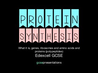 PROTEIN
SYNTHESIS
What it is, genes, ribosomes and amino acids and
proteins (polypeptides)

Edexcell GCSE
gcsepresentations
 
