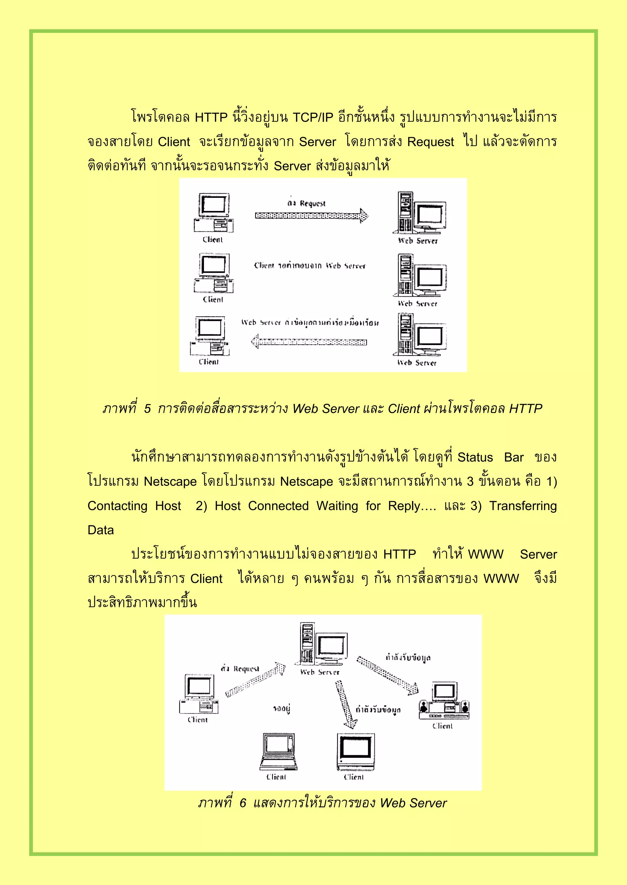 HTTP TCP/IP
Client Server Request
Server
Web Server Client HTTP
Status Bar
Netscape Netscape 3
Contacting Host 2) Host Connected Waiting for Reply…. 3) Transferring
Data
HTTP WWW Server
Client WWW
Web Server
 