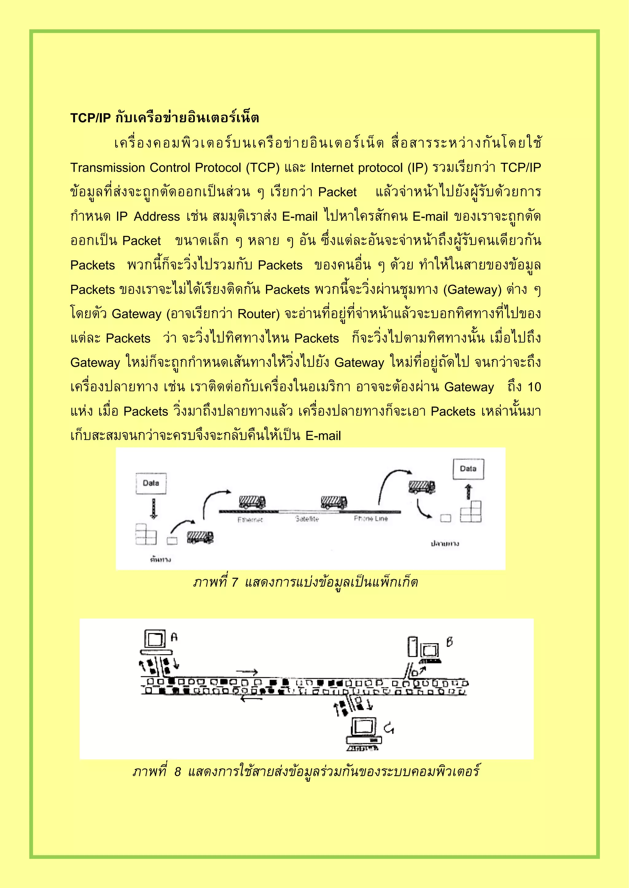 TCP/IP
Transmission Control Protocol (TCP) Internet protocol (IP) TCP/IP
Packet
IP Address E-mail E-mail
Packet
Packets Packets
Packets Packets (Gateway)
Gateway Router
Packets Packets
Gateway Gateway
Gateway
Packets Packets
E-mail
 