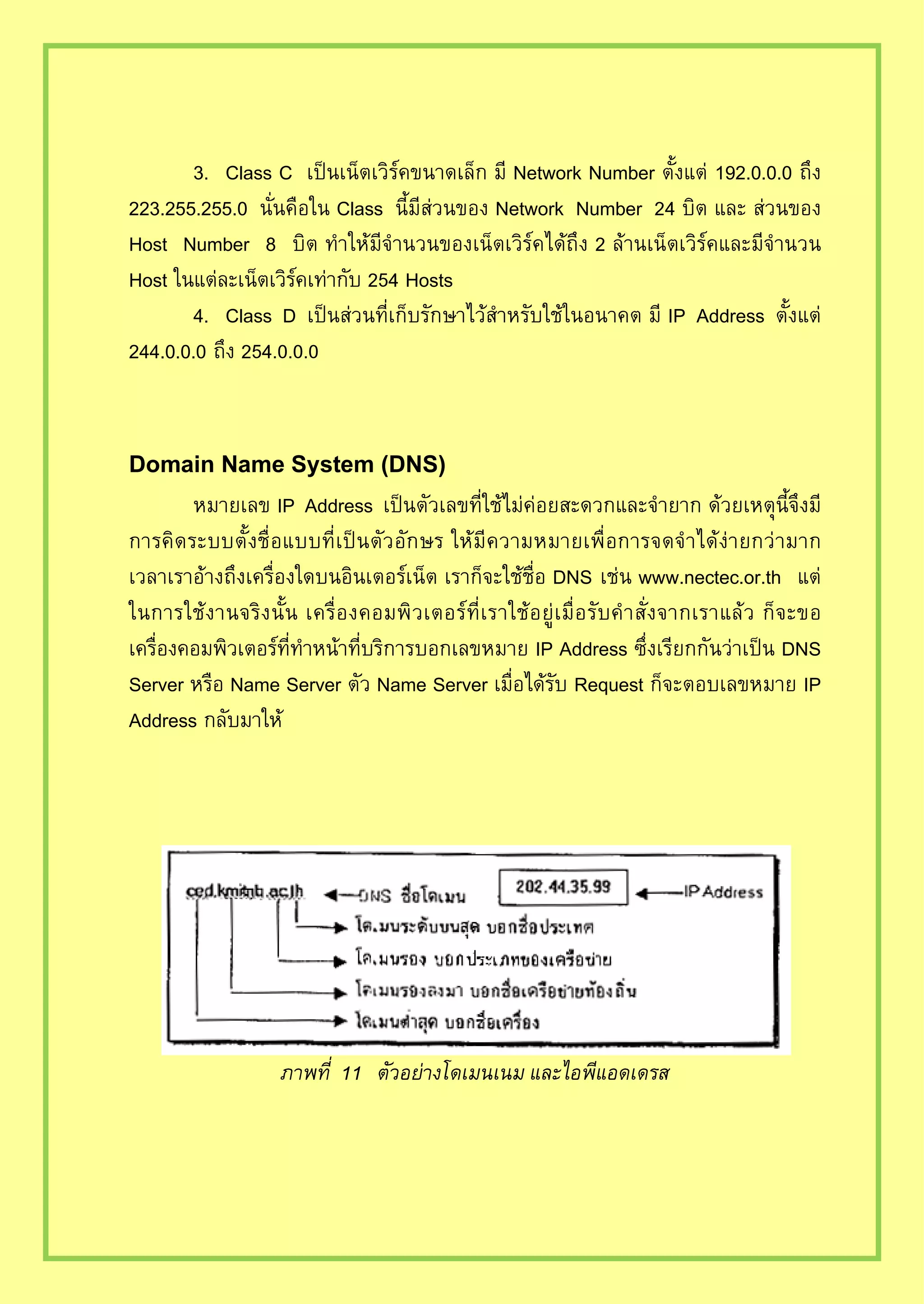3. Class C Network Number 192.0.0.0
223.255.255.0 Class Network Number
Host Number 8
Host Hosts
4. Class D IP Address
244.0.0.0
Domain Name System (DNS)
IP Address
DNS www.nectec.or.th
IP Address DNS
Server Name Server Name Server Request IP
Address
 