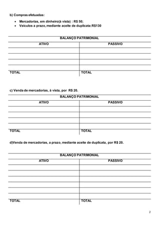 2
b) Compras efetuadas:
 Mercadorias, em dinheiro(à vista) : R$ 50;
 Veículos a prazo, mediante aceite de duplicata:R$130
BALANÇO PATRIMONIAL
ATIVO PASSIVO
TOTAL TOTAL
c) Venda de mercadorias, à vista, por R$ 20.
BALANÇO PATRIMONIAL
ATIVO PASSIVO
TOTAL TOTAL
d)Venda de mercadorias, a prazo, mediante aceite de duplicata, por R$ 20.
BALANÇO PATRIMONIAL
ATIVO PASSIVO
TOTAL TOTAL
 