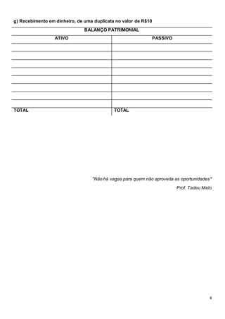 4
g) Recebimento em dinheiro, de uma duplicata no valor de R$10
BALANÇO PATRIMONIAL
ATIVO PASSIVO
TOTAL TOTAL
"Não há vagas para quem não aproveita as oportunidades"
Prof. Tadeu Melo
 
