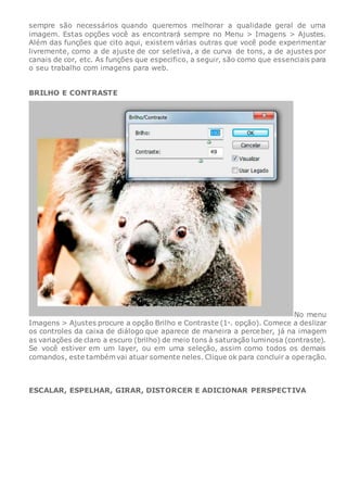 sempre são necessários quando queremos melhorar a qualidade geral de uma
imagem. Estas opções você as encontrará sempre no Menu > Imagens > Ajustes.
Além das funções que cito aqui, existem várias outras que você pode experimentar
livremente, como a de ajuste de cor seletiva, a de curva de tons, a de ajustes por
canais de cor, etc. As funções que especifico, a seguir, são como que essenciais para
o seu trabalho com imagens para web.
BRILHO E CONTRASTE
No menu
Imagens > Ajustes procure a opção Brilho e Contraste (1a
. opção). Comece a deslizar
os controles da caixa de diálogo que aparece de maneira a perceber, já na imagem
as variações de claro a escuro (brilho) de meio tons à saturação luminosa (contraste).
Se você estiver em um layer, ou em uma seleção, assim como todos os demais
comandos, este também vai atuar somente neles. Clique ok para concluir a operação.
ESCALAR, ESPELHAR, GIRAR, DISTORCER E ADICIONAR PERSPECTIVA
 